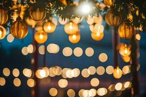gyllene lampor hängande från en träd. ai-genererad foto