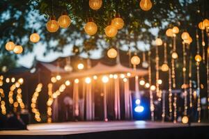en bröllop ceremoni med lampor hängande från träd. ai-genererad foto