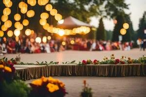 en bröllop ceremoni med lampor och blommor. ai-genererad foto