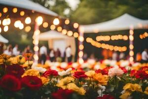 en bröllop reception med färgrik blommor och lampor. ai-genererad foto