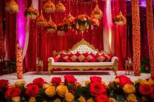 ett indisk bröllop skede dekorerad med röd och guld blommor. ai-genererad foto