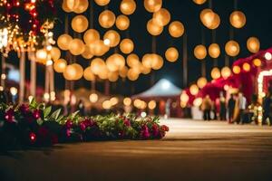 en bröllop ceremoni med lampor och blommor. ai-genererad foto