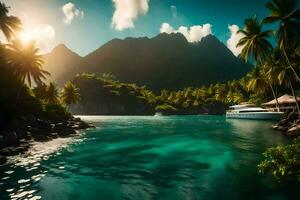 tropisk ö med handflatan träd och en båt i de vatten. ai-genererad foto