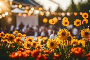 en fält av blommor med solrosor i de bakgrund. ai-genererad foto