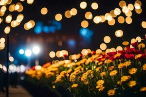 en blomma trädgård med lampor och bokeh. ai-genererad foto