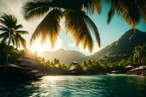 en tropisk ö med handflatan träd och en båt. ai-genererad foto