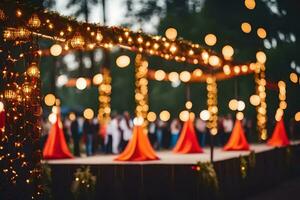 en bröllop ceremoni med röd och orange dekorationer. ai-genererad foto