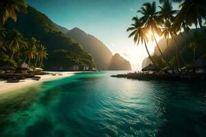 en tropisk strand med handflatan träd och en små ö. ai-genererad foto