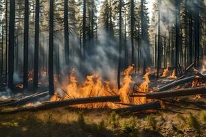 en skog brand är brinnande i de mitten av en skog. ai-genererad foto