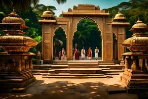 en grupp av människor stående i främre av ett indisk tempel. ai-genererad foto