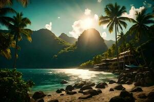 de Sol lyser ljust över en tropisk strand och handflatan träd. ai-genererad foto