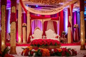 en bröllop ceremoni med röd och vit dekorationer. ai-genererad foto