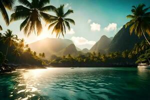 de Sol lyser över handflatan träd och en tropisk ö. ai-genererad foto