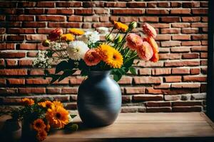 en vas med blommor Sammanträde på en tabell i främre av en tegel vägg. ai-genererad foto