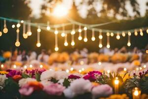 en bröllop ceremoni med ljus och blommor. ai-genererad foto