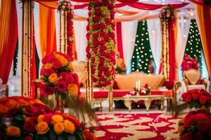 ett indisk bröllop ceremoni med röd och orange blommor. ai-genererad foto