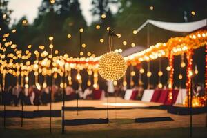 en bröllop reception med lampor och dekorationer. ai-genererad foto