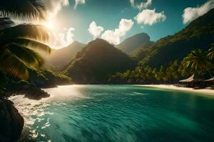 de Sol lyser över en tropisk strand och handflatan träd. ai-genererad foto