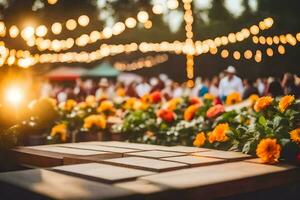 en tabell med blommor och lampor i de bakgrund. ai-genererad foto