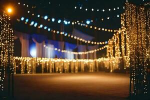 en bröllop reception med lampor strung tvärs över de golv. ai-genererad foto