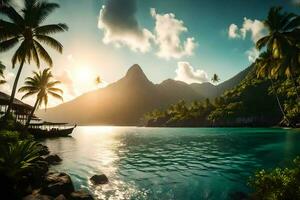 de Sol uppsättningar över en tropisk ö med handflatan träd. ai-genererad foto