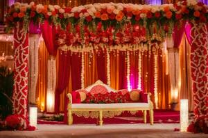 ett indisk bröllop ceremoni med röd och rosa dekorationer. ai-genererad foto