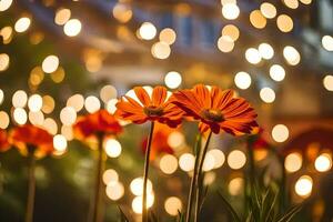 orange blommor i främre av en hus med lampor. ai-genererad foto