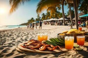en tabell med räka, majs, och drycker på de strand. ai-genererad foto