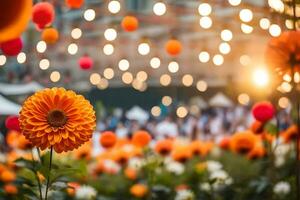 orange blommor i en fält med en folkmassan av människor. ai-genererad foto