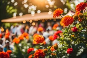 orange blommor i en trädgård med människor i de bakgrund. ai-genererad foto