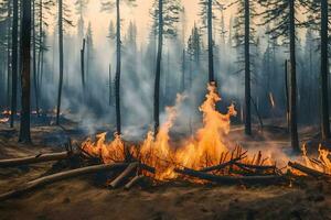 en skog brand i de mitten av en skog. ai-genererad foto