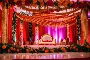 ett indisk bröllop skede dekorerad med röd och orange blommor. ai-genererad foto