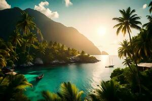 tropisk ö med handflatan träd och en båt. ai-genererad foto