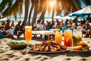 en tabell med räka, drycker och mat på de strand. ai-genererad foto
