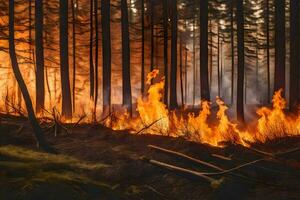 en skog brand i de mitten av en skog. ai-genererad foto