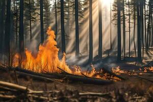 en skog brand i de mitten av en skog. ai-genererad foto