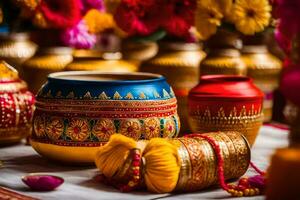 indisk bröllop dekor med färgrik kastruller och blommor. ai-genererad foto
