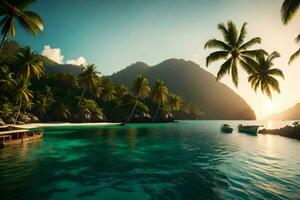 en tropisk ö med handflatan träd och båtar i de vatten. ai-genererad foto