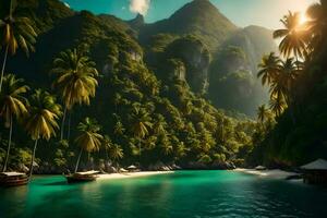 tropisk strand med handflatan träd och båtar i de vatten. ai-genererad foto