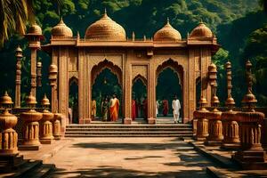 en skön tempel i Indien med människor gående runt om. ai-genererad foto
