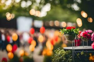 blommor i en vas på en tabell i främre av en folkmassan. ai-genererad foto