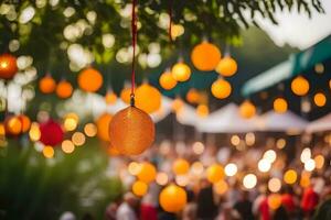 orange lyktor hängande från träd i en trädgård. ai-genererad foto