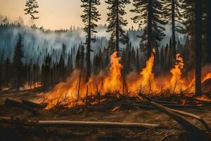 en skog brand i de mitten av en skog. ai-genererad foto