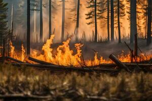 en skog brand är brinnande i de mitten av en skog. ai-genererad foto