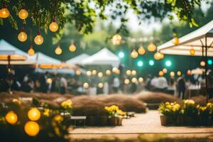 en bröllop reception med massor av lampor och blommor. ai-genererad foto