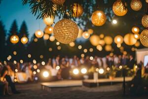 en bröllop reception med hängande lyktor. ai-genererad foto