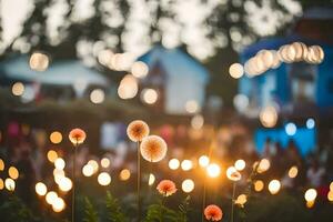 en fält av blommor med lampor i de bakgrund. ai-genererad foto