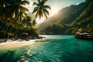en båt på de strand i en tropisk ö. ai-genererad foto