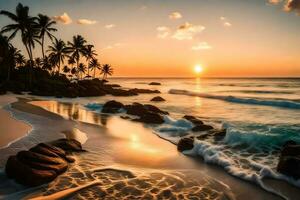 de Sol uppsättningar på de strand i de seychellerna. ai-genererad foto