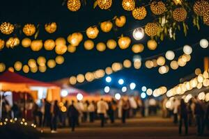 en natt marknadsföra med lampor och människor gående runt om. ai-genererad foto